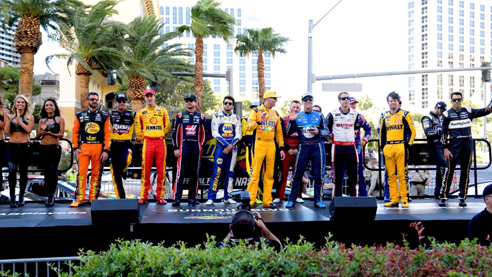 NASCAR’s top 16 drivers are introduced to fans before they jump in their cars and parade down the Las Vegas Strip