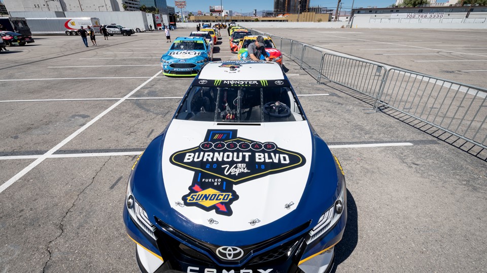 Cars are lined up for the 2018 NASCAR Burnout Blvd