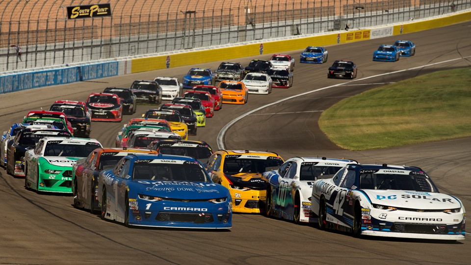 Ross Chastain #42, front right, leads the pack for most of the 200 laps during the NASCAR Xfinity Series DC Solar 300