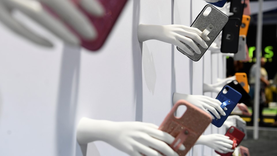 Cell phone cases are displayed