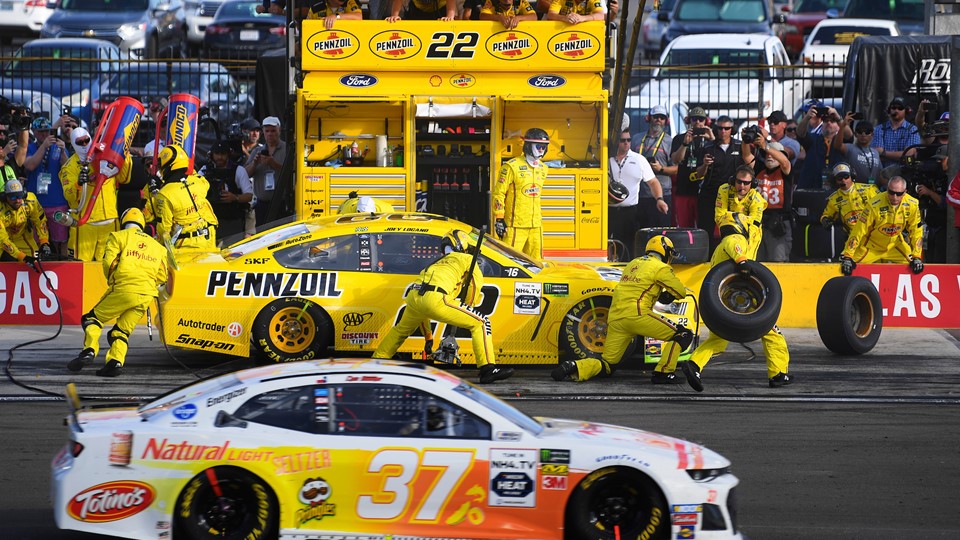 Joey Logano makes a pit stop