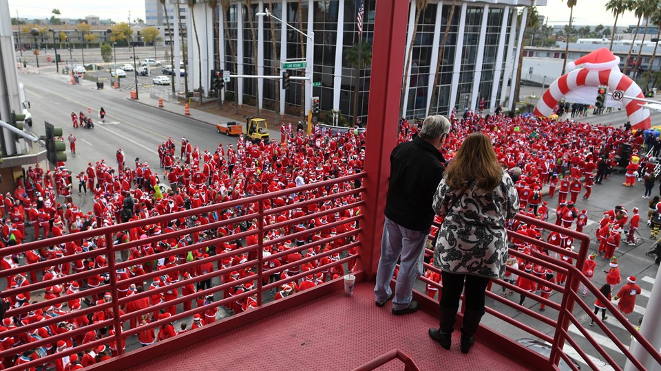 Spectators watch from the stairwell