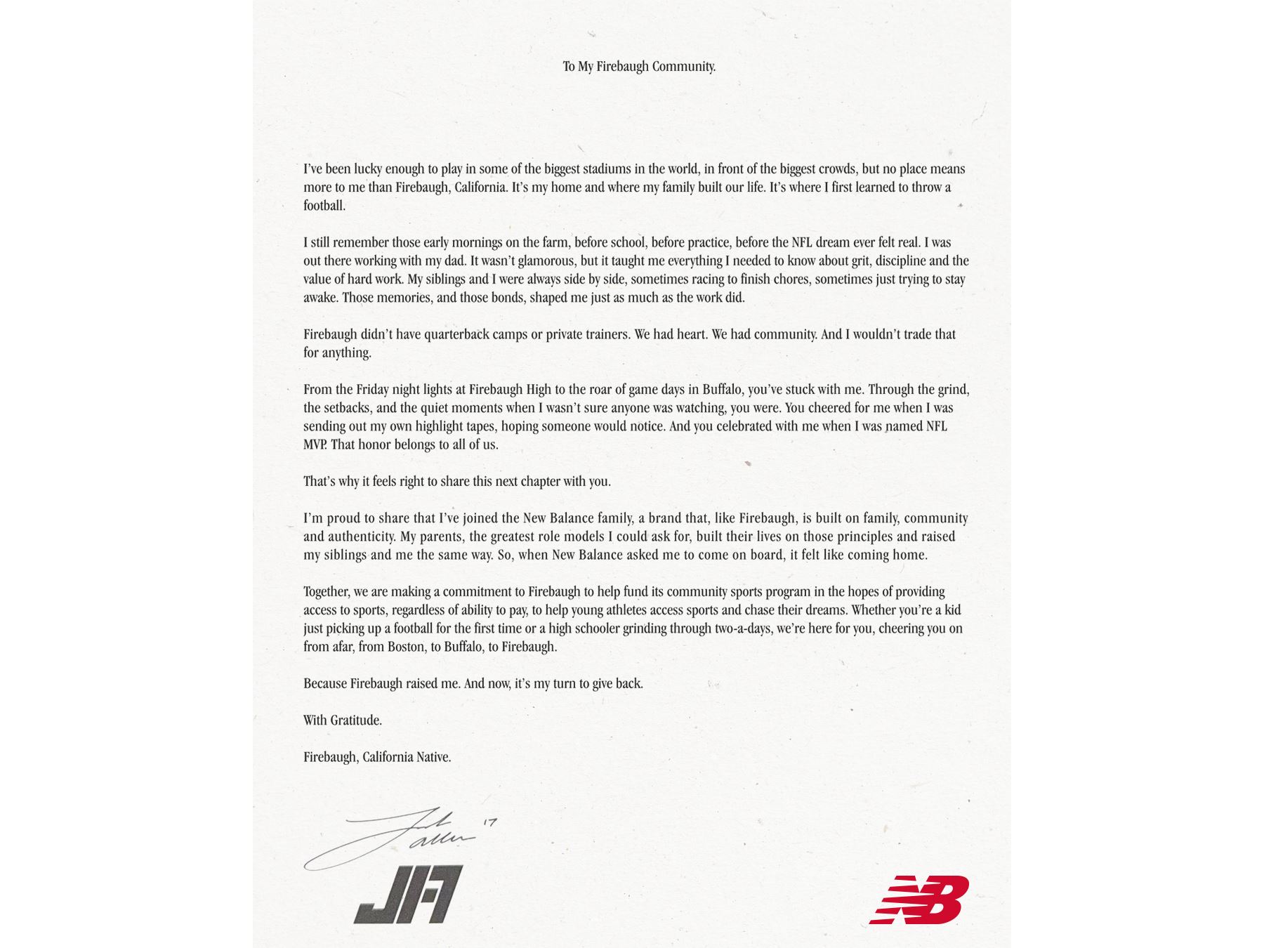 Josh Allen Announcement Letter Social
