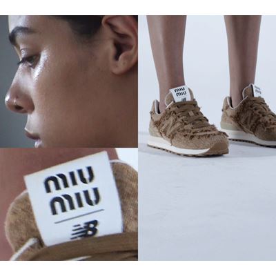 Miu Miu continues its collaboration with New Balance with three new iterations of the brands iconic 574 sneaker for the Spring/Summer 2023 season