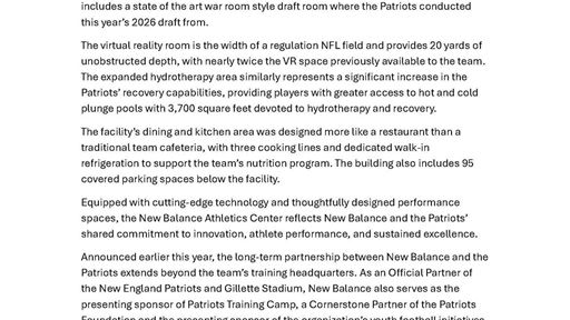 New Balance and New England Patriots Officially Open New Balance Athletics Center