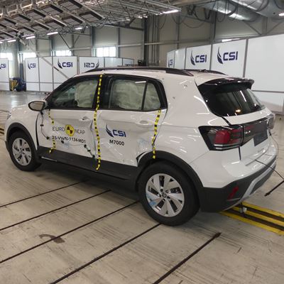 VW T Cross Side Mobile Barrier test 2025 after crash