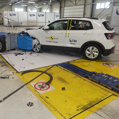 VW T Cross Mobile Progressive Deformable Barrier test 2025 after crash
