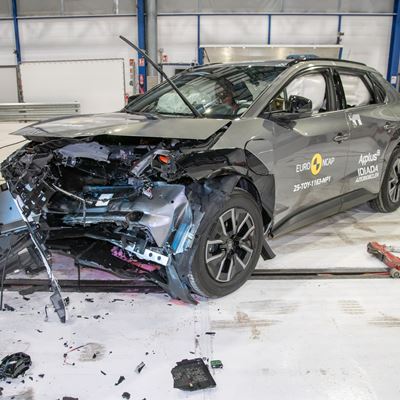 Toyota bZ4X Mobile Progressive Deformable Barrier test 2025 after crash