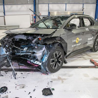 Toyota bZ4X Mobile Progressive Deformable Barrier test 2025 after crash