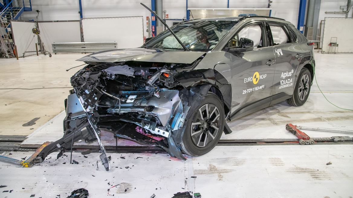 Toyota bZ4X Mobile Progressive Deformable Barrier test 2025 after crash