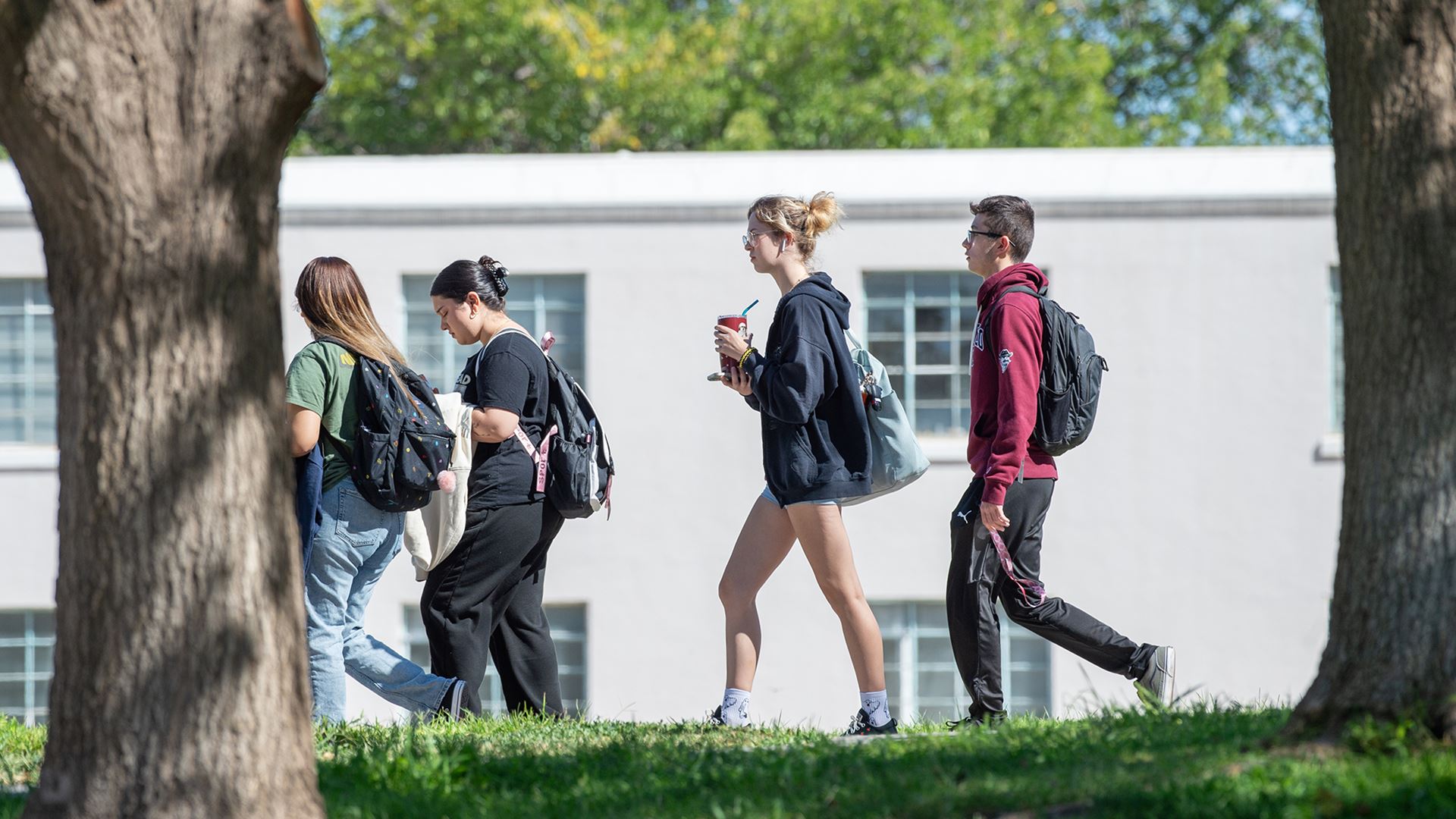 Group of students walking outdoors on campus