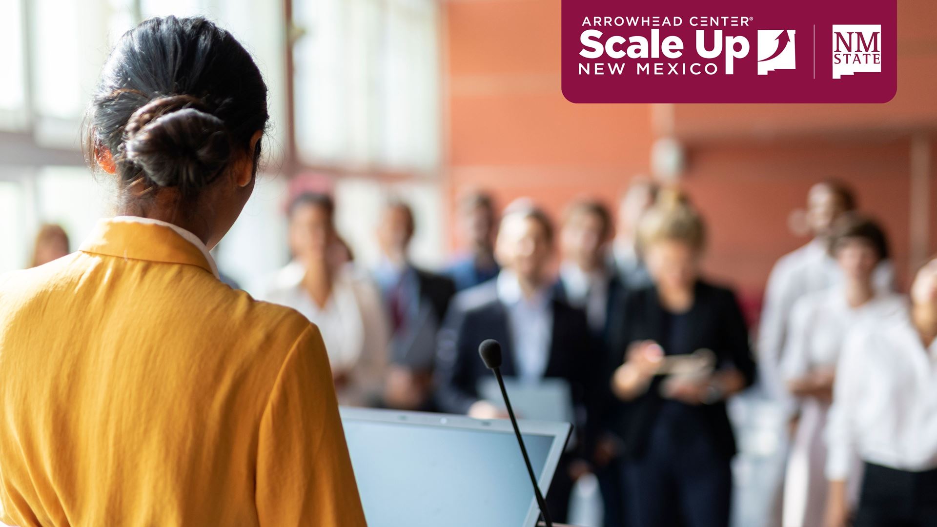 Image description Woman standing at a podium speaking to a group of people