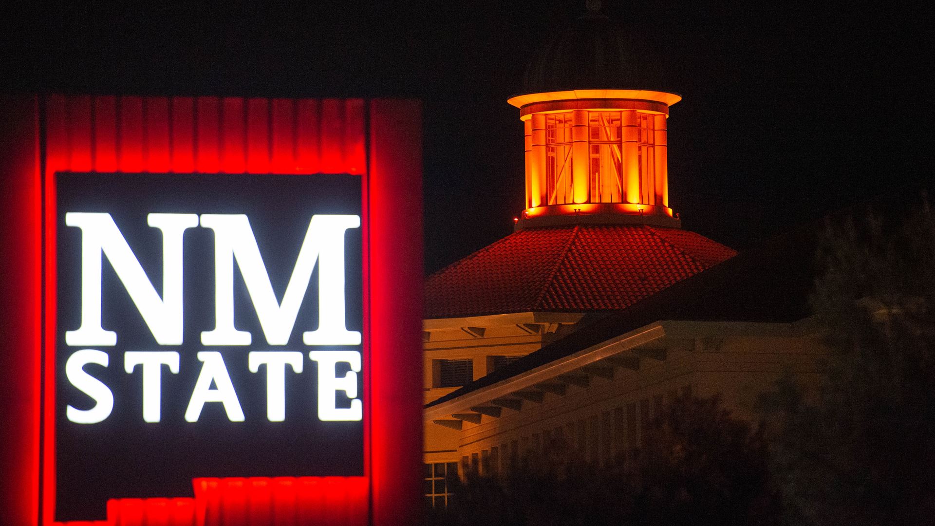 Photo of NM State logo at Skeen Hall