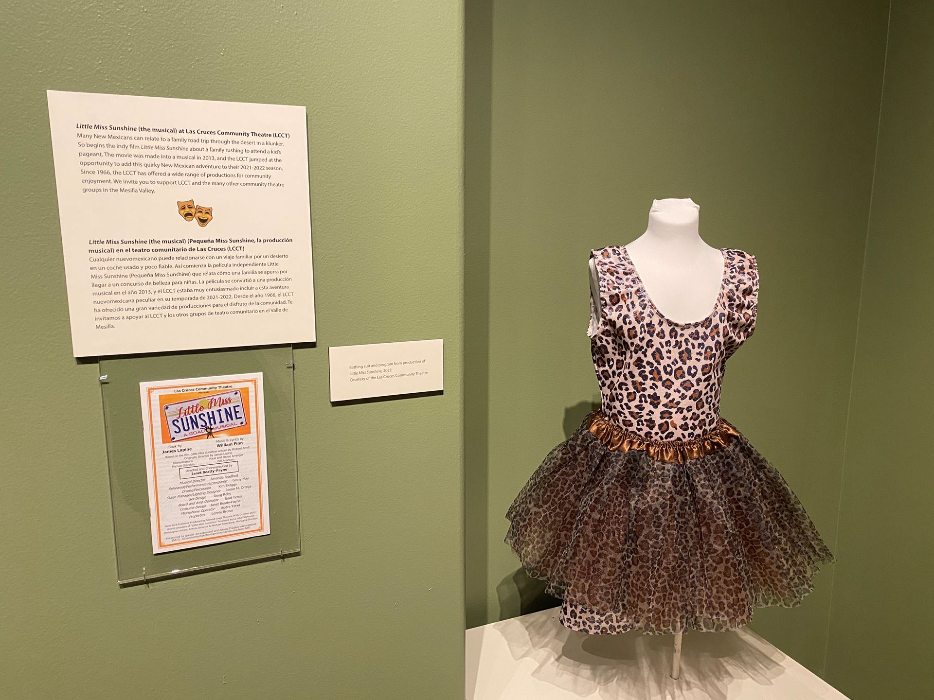 A bathing suit on a mannequin and program on a wall