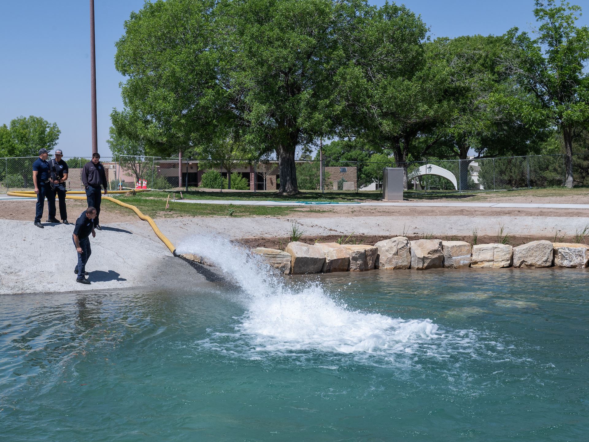 Photo of Alumni Pond restoration project getting first fill