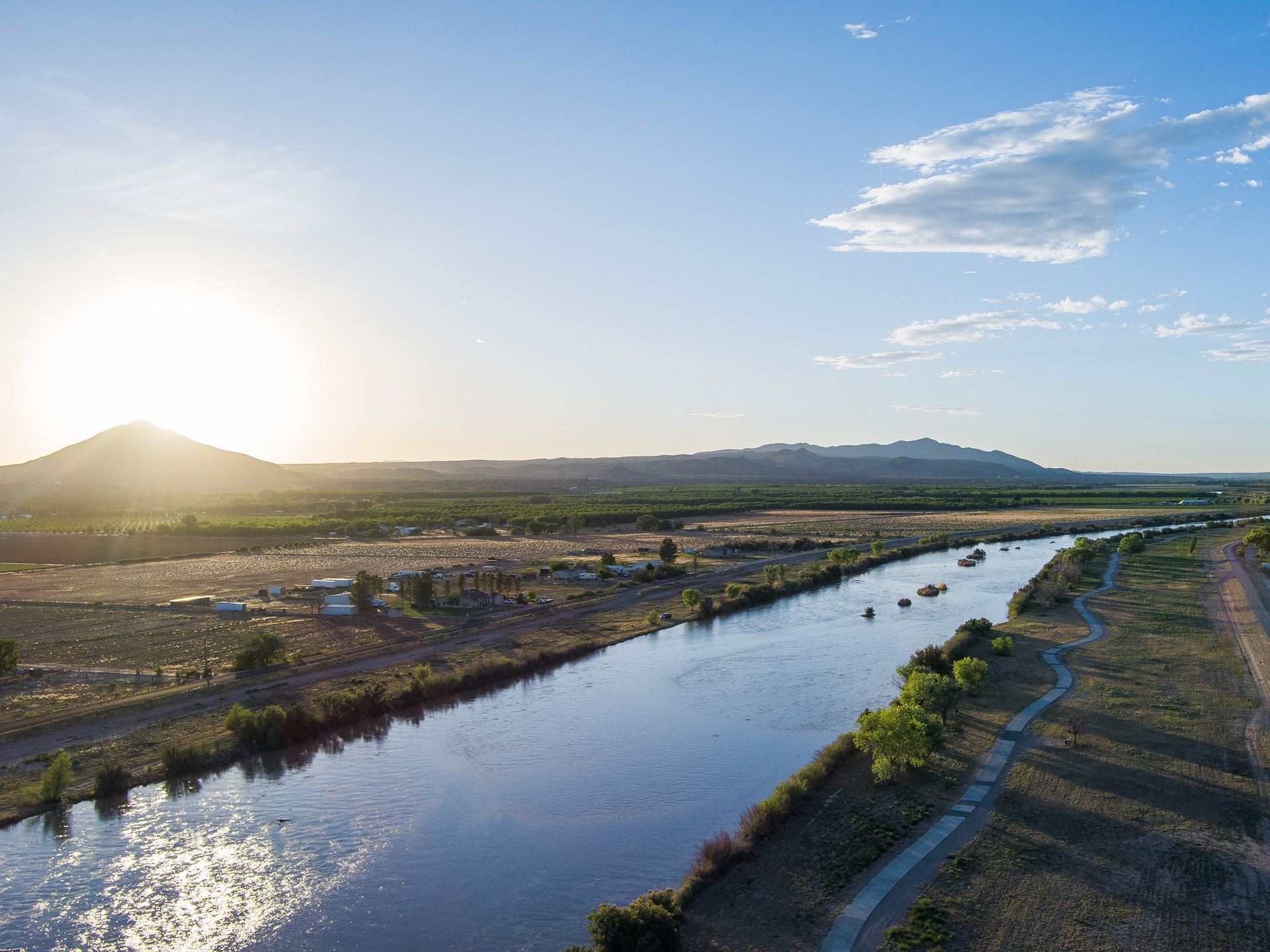 Photo of Picacho Mountain seen from above the Rio Grande river at sunset NMSU photo by Josh Bachman