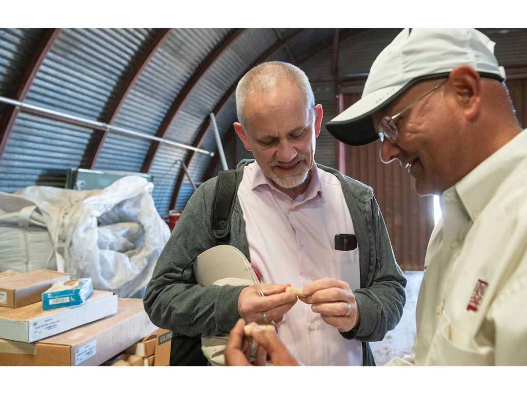 IMAGE DESCRIPTION A man examining a peanut while speaking to another man