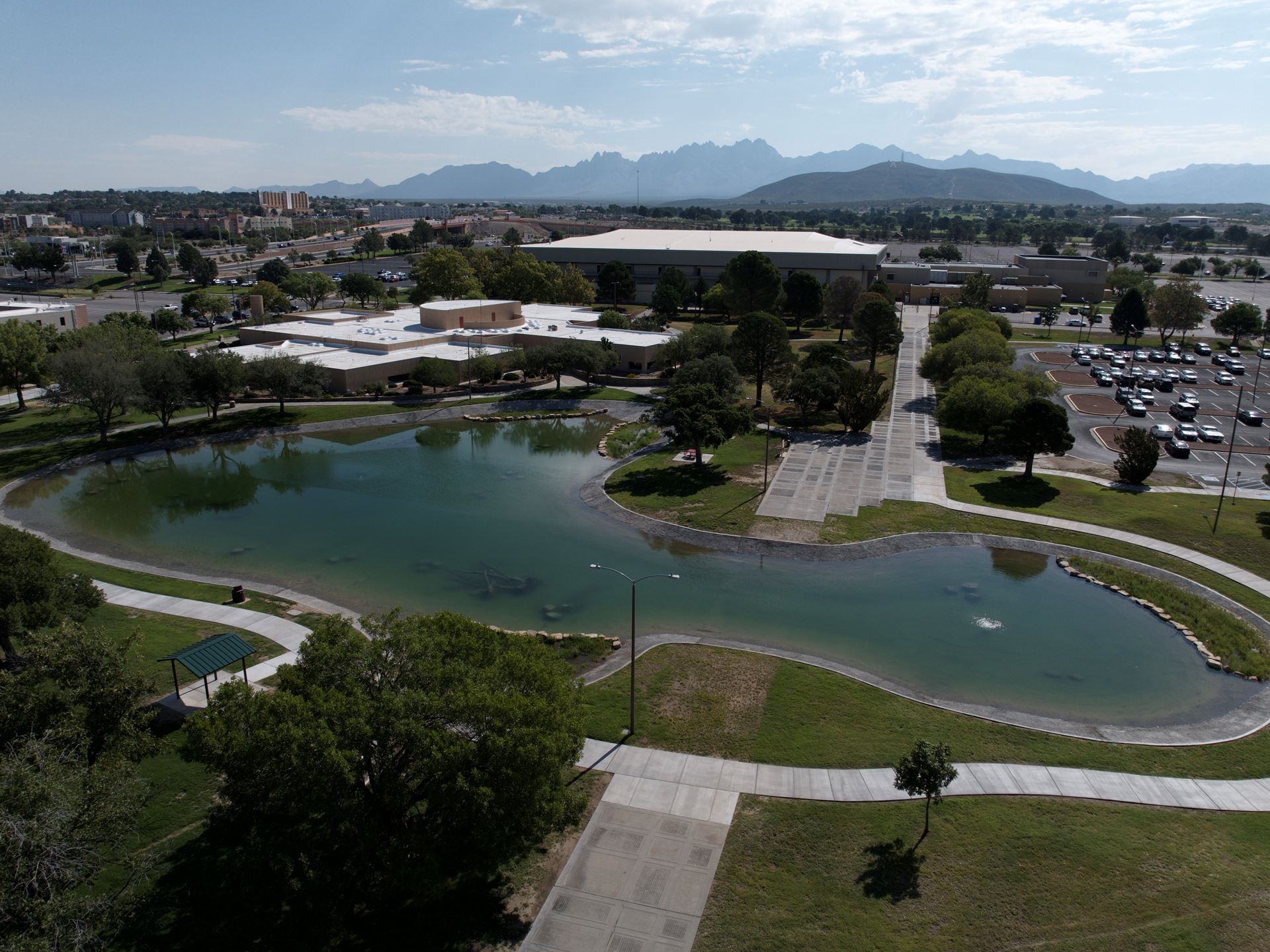 Drone photo of Alumni Pond after reopening in August 2026