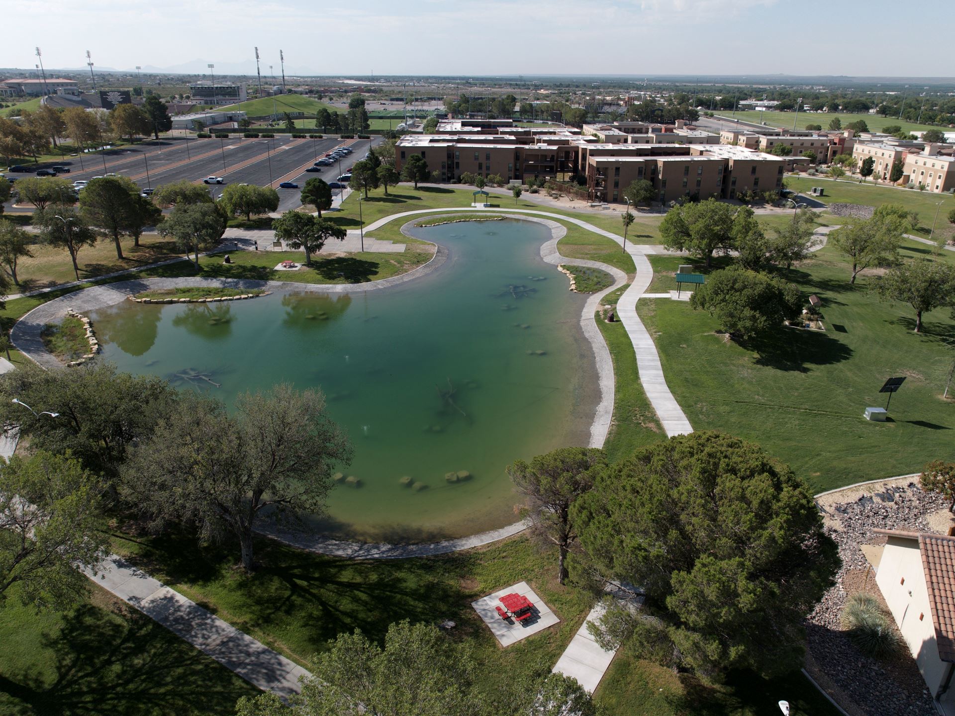 Drone photo of Alumni Pond after reopening in August 2026