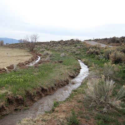 Water flows in the Lower Manuel Andres Trujillo ditch in lower Las Colonias near Taos shortly before spring planting.