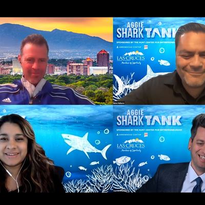 Aggie Shark Tank “sharks” discuss the event. Drew Tulchin, top left, is president of New Mexico Angels investment group.