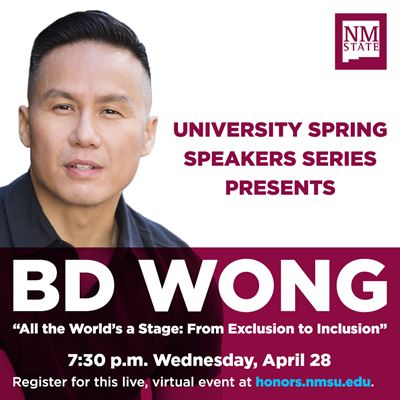 Actor and activist BD Wong will speak during a virtual event as part of the University Spring Speakers Series hosted by