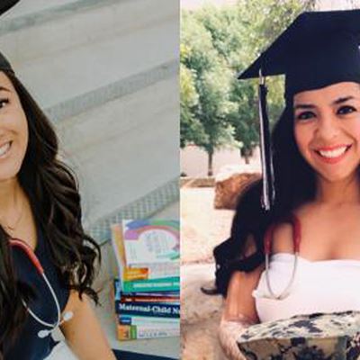 Sage Stewart, left, and Perla Arroyo-Jaime, right, graduated with bachelor’s degrees in nursing from New Mexico State Un