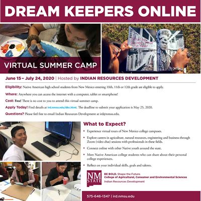 New Mexico State University’s Indian Resources Development will host Dream Keepers Online June 15 to July 24 for Native