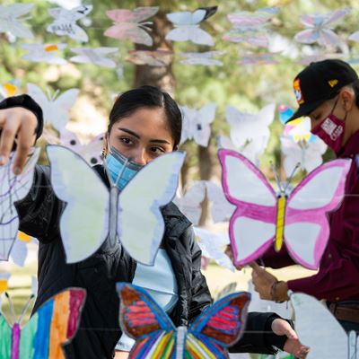 CAMP student Fatima Oliveros helped to organize the butterflies in the installation “Mariposas Campesinas” outside Milto