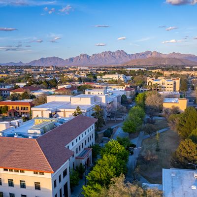 An aerial photo of the New Mexico State University main campus facing east