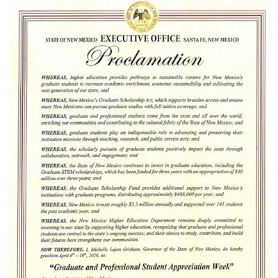 Photo of NMSU Graduate Student Appreciation Week proclamation issued by state of New Mexico