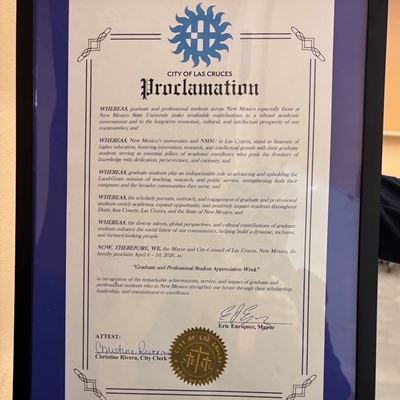 Photo of NMSU Graduate Student Appreciation Week proclamation issued by City of Las Cruces