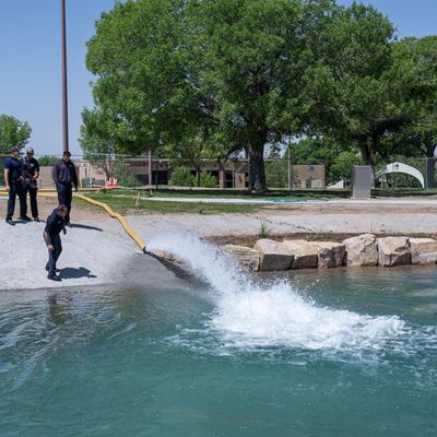 Photo of Alumni Pond restoration first fill NMSU photo by Josh Bachman