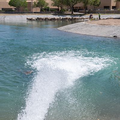 Photo of Alumni Pond restoration first fill NMSU photo by Josh Bachman