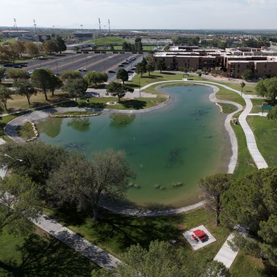 Drone photo of Alumni Pond after reopening in August 2026