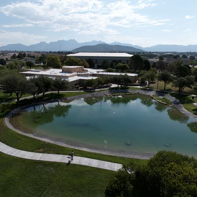 Drone photo of Alumni Pond after reopening in August 2026