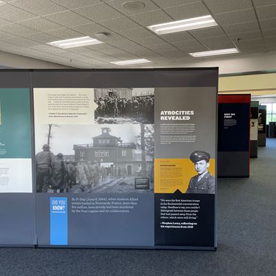 Photo of Americans and the Holocaust exhibit setup at NMSU Library