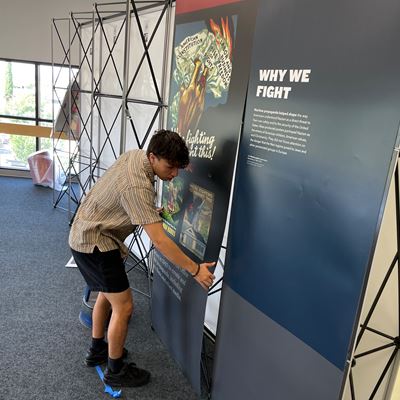 Photo of the Americans and the Holocaust exhibit setup at the NMSU Library