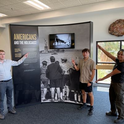 Photo of the Americans and the Holocaust exhibit setup at the NMSU Library