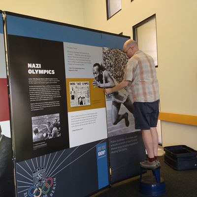 Photo of Americans and the Holocaust exhibit setup at the NMSU Library