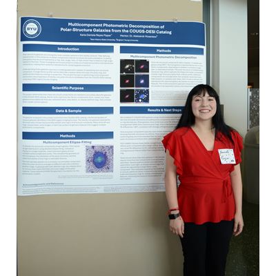 Description A woman stands in front of a research poster that reads Multicomponent Photometric Decomposition of Polar Structure Galaxies from the COUGS DESI Catalog