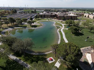 Drone photo of Alumni Pond after reopening in August 2026