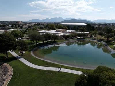 Drone photo of Alumni Pond after reopening in August 2026