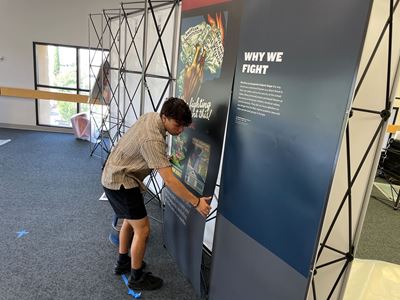 Photo of the Americans and the Holocaust exhibit setup at the NMSU Library