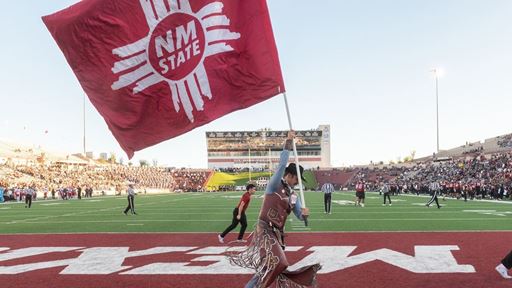 IMAGE DESCRIPTION A man dressed as Pistol Pete waves a flag on a football field