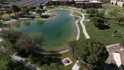 Drone photo of Alumni Pond after reopening in August 2026