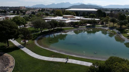 Drone photo of Alumni Pond after reopening in August 2026