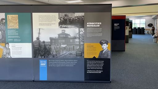 Photo of Americans and the Holocaust exhibit setup at NMSU Library