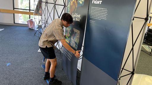 Photo of the Americans and the Holocaust exhibit setup at the NMSU Library