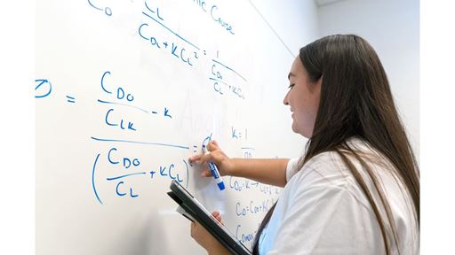 Description A young lady who is a tutor at the tutoring center is writing an equation on the white board